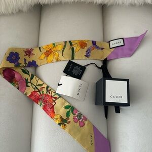 Preowned Gucci Silk Scarf with Floral Design - Yellow and Pink